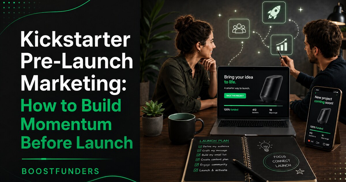 Kickstarter pre-launch marketing timeline showing email list building, landing page, and social proof before campaign launch