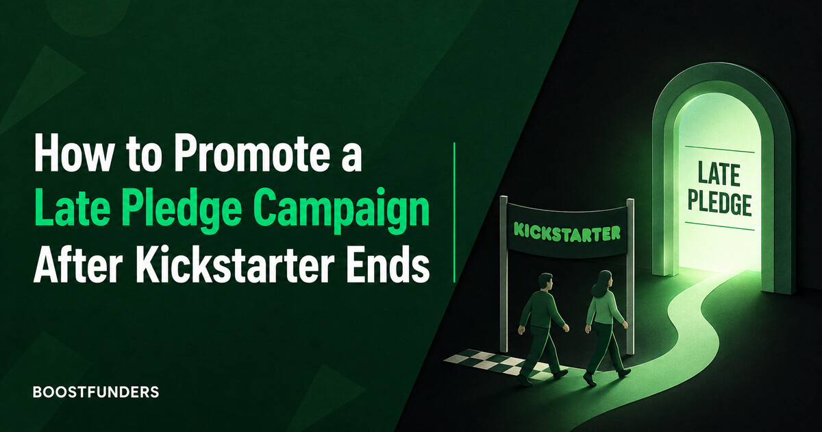 Illustration of two backers walking from a Kickstarter starting line through a glowing doorway labeled Late Pledge, representing the transition from a live campaign to the post-campaign phase
