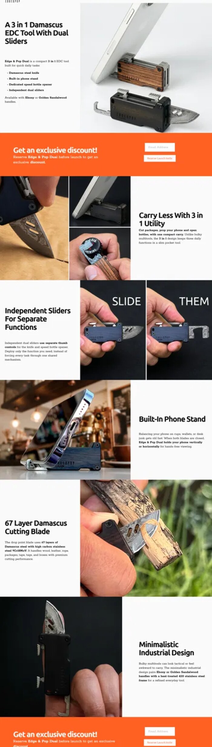 Example pre-launch landing page for Edge & Pop Dual EDC tool collecting email signups with problem-focused copy before product launch