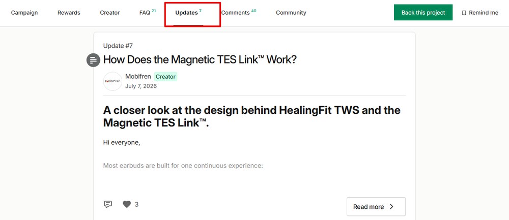 Example Kickstarter campaign update post explaining a product feature to backers