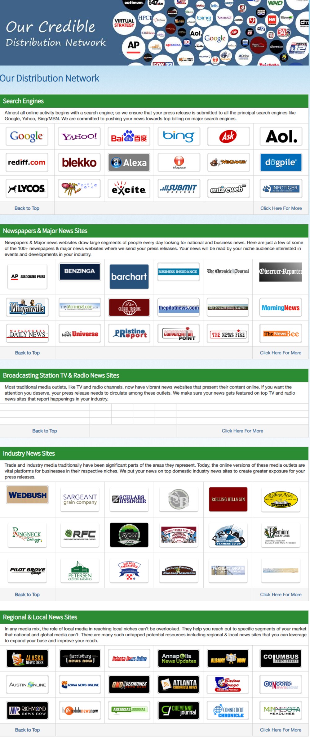 Example press release distribution network showing search engines, newspapers, TV and radio news sites, industry news sites, and regional news outlets