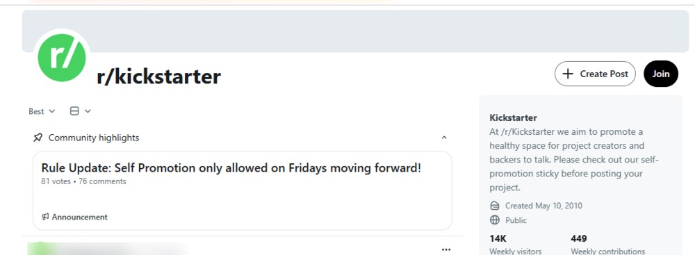 r/kickstarter subreddit community rules showing self-promotion only allowed on Fridays