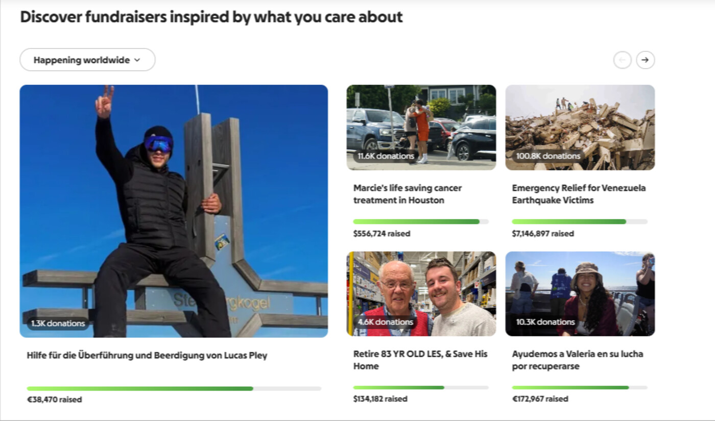 GoFundMe's discover page showing featured fundraisers with donation counts and amounts raised