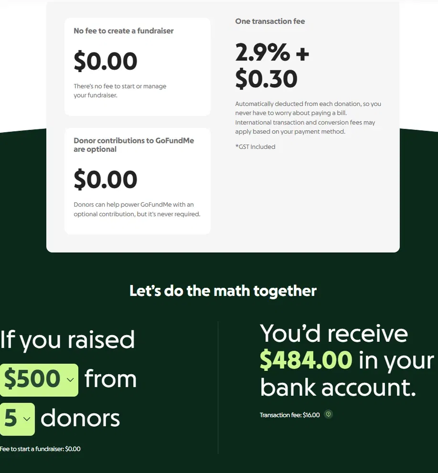 GoFundMe fee breakdown for an Individual or business fundraiser — 0% platform fee, 2.9% + $0.30 transaction fee, optional donor tips