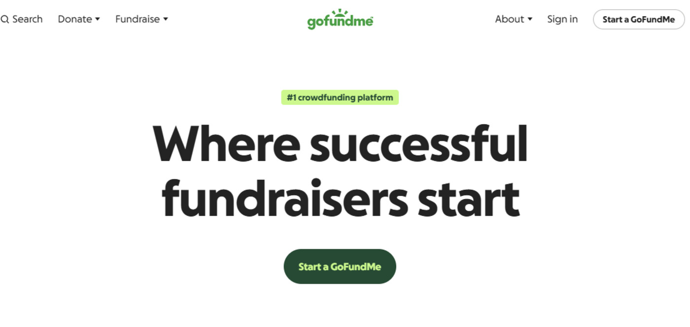 GoFundMe homepage with the headline 'Where successful fundraisers start'