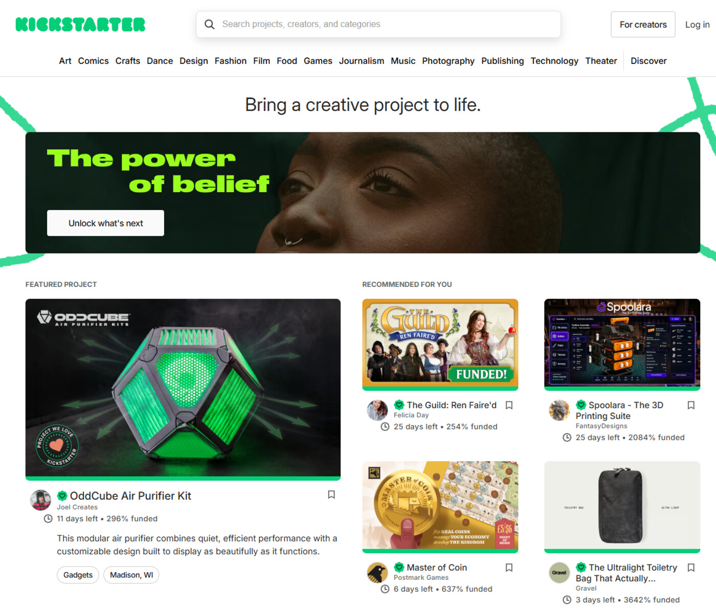 Kickstarter homepage showing featured and recommended crowdfunding projects