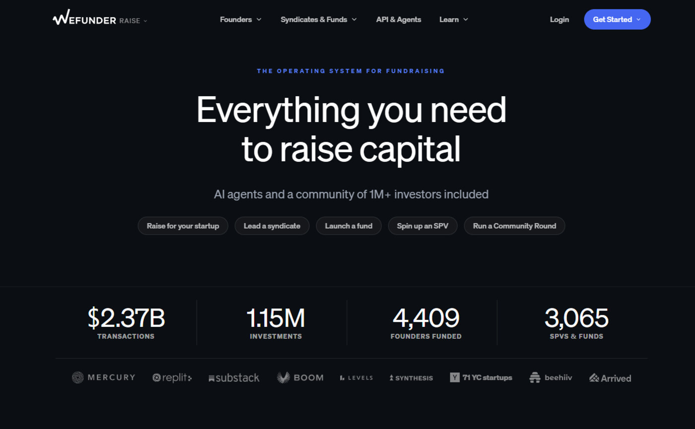 Wefunder homepage highlighting AI agents and its investor community for startup fundraising